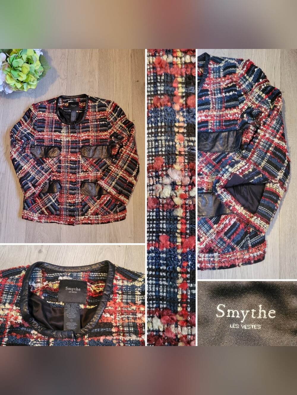 Smythe Bouclé Tweed Red Black Plaid Coat 3/4 Sleeve & Black Leather Pockets, 4